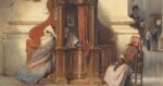 Several women gathered around a confessional.